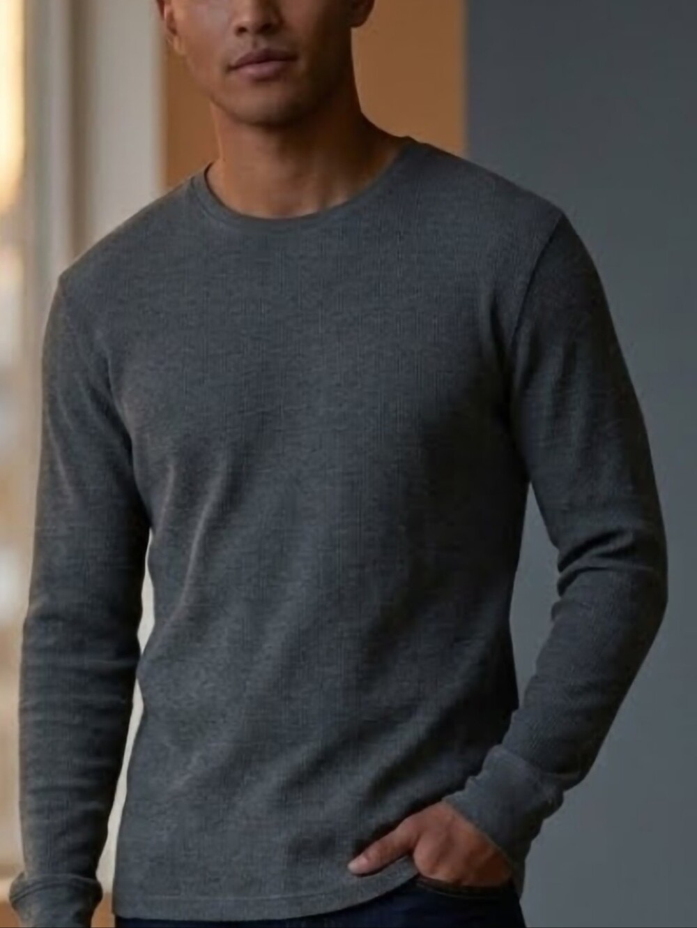 Calvin Klein Men's Heather Grey Waffle Knit Thermal Long Sleeve Crewneck Sweater